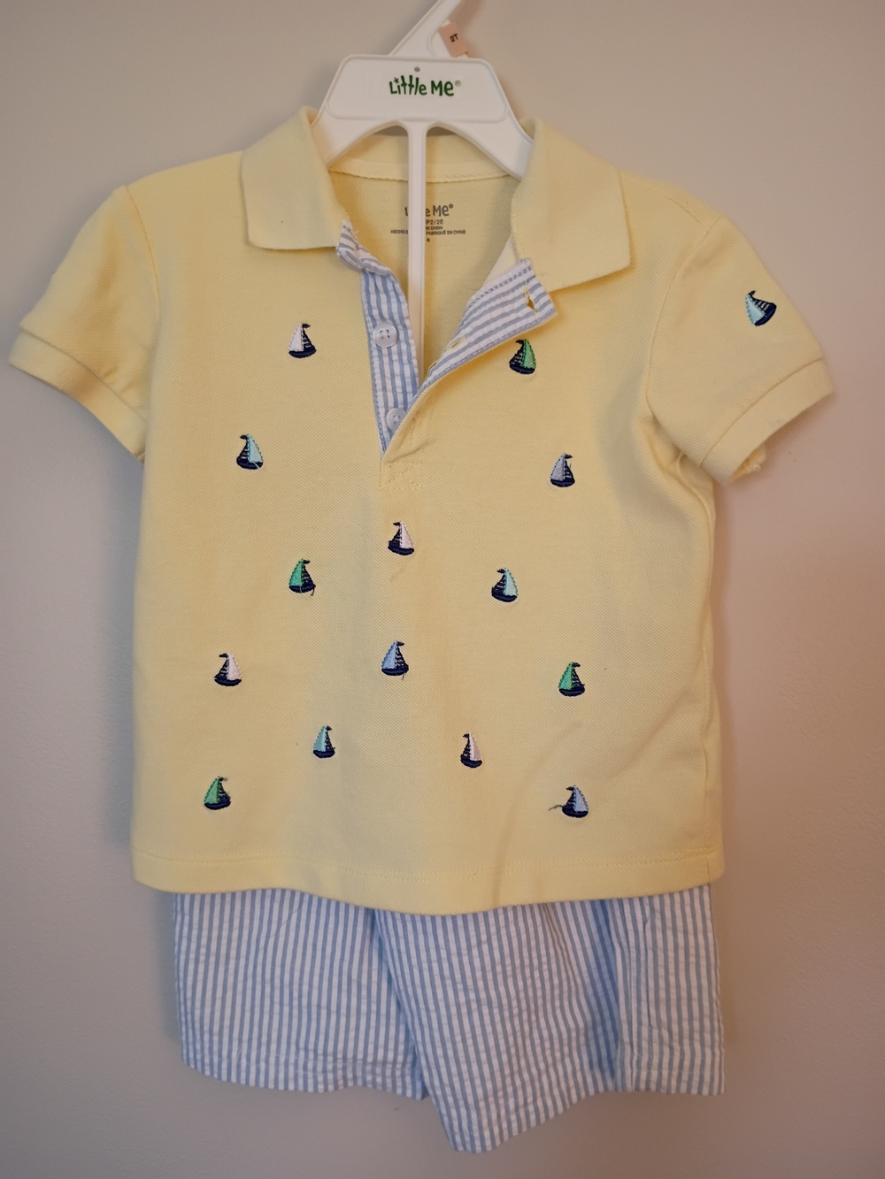 Little Me Light Yellow Polo Top with Embroidered Sailboats & Striped Shorts